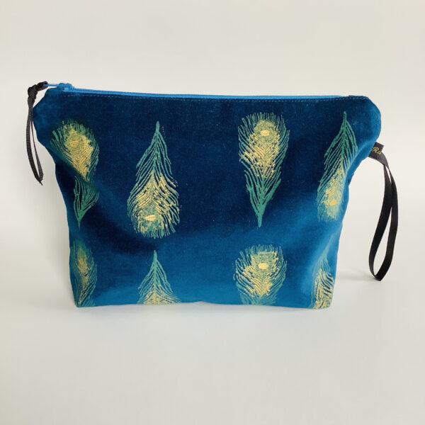 Teal velvet Makeup Bag with peacock feathers